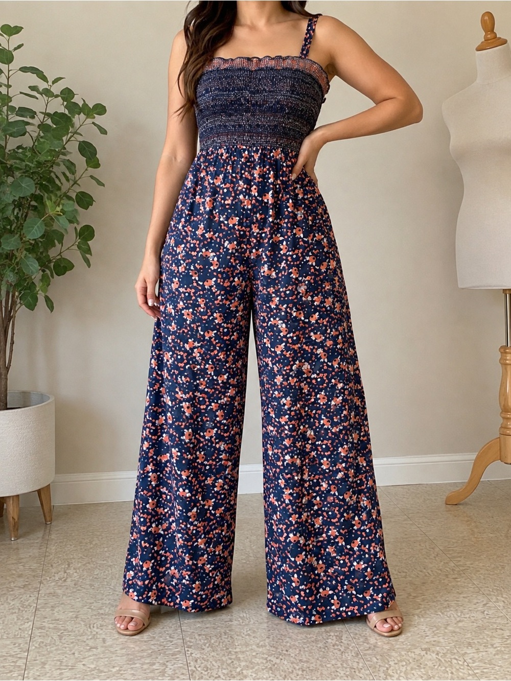 Navy Floral Wide-Leg Jumpsuit with Smocked Bodice